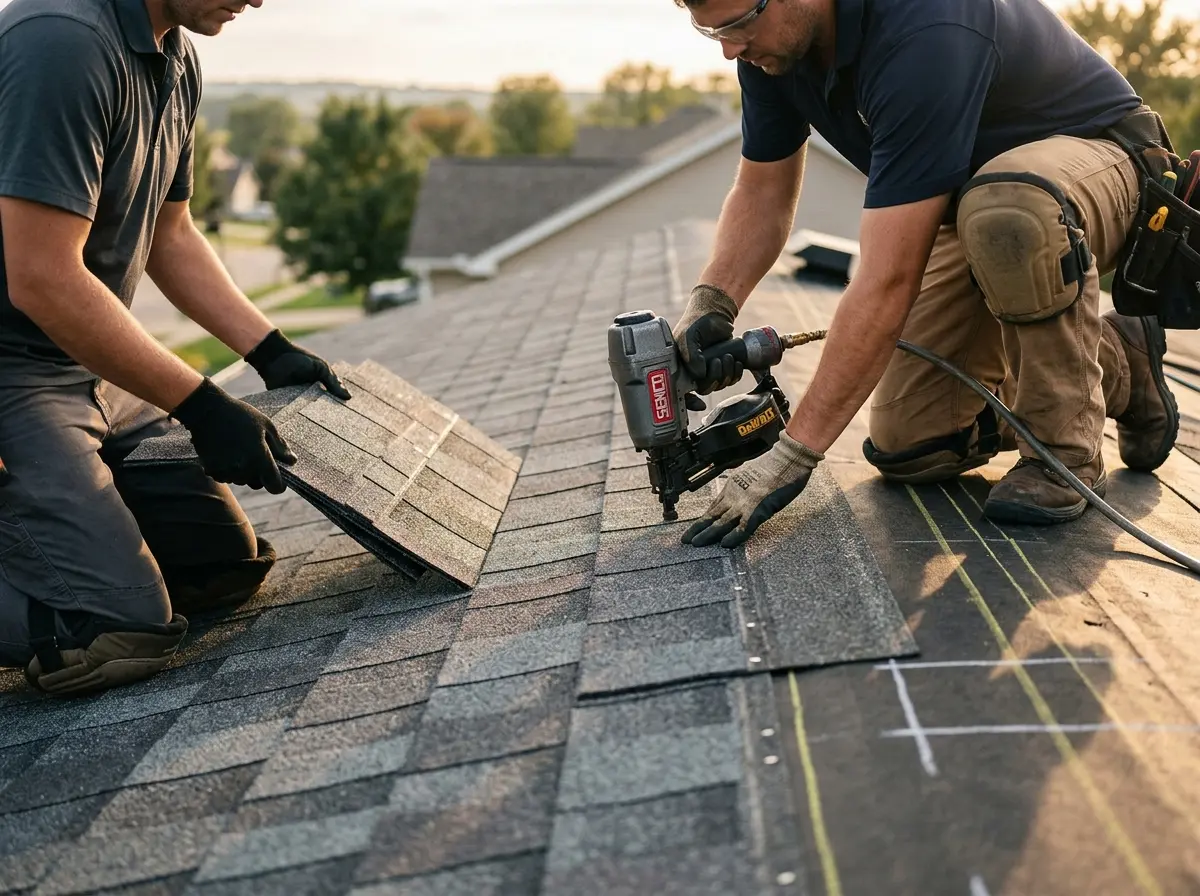 Professional roofer working on a residential roof in Berea